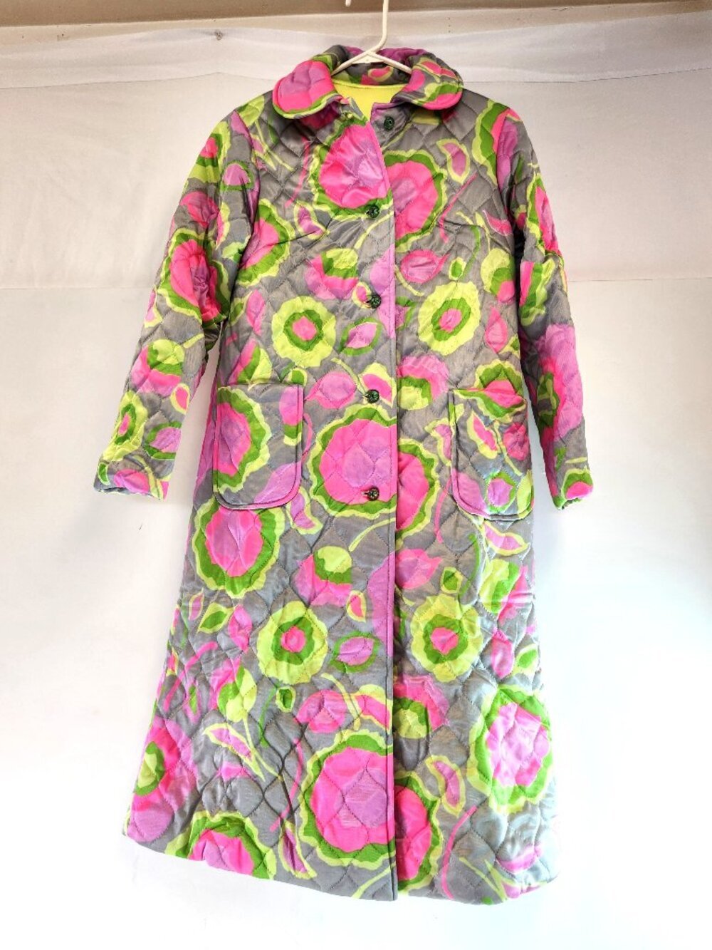 Vintage Neon Poppy Quilted Floral Womens Pea Coat Handmade